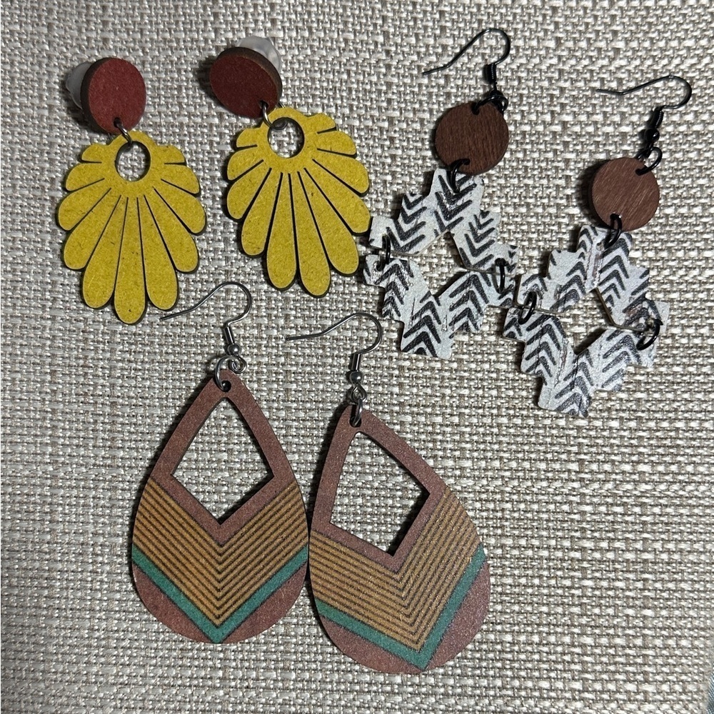 Boho Wooden Style Earrings Set of 3 Western Casual